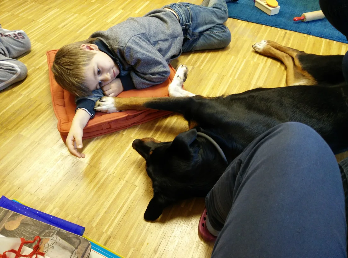 Ein Kind liegt auf einem Kissen neben einem entspannten Hund; seine Hand berührt die Pfote.